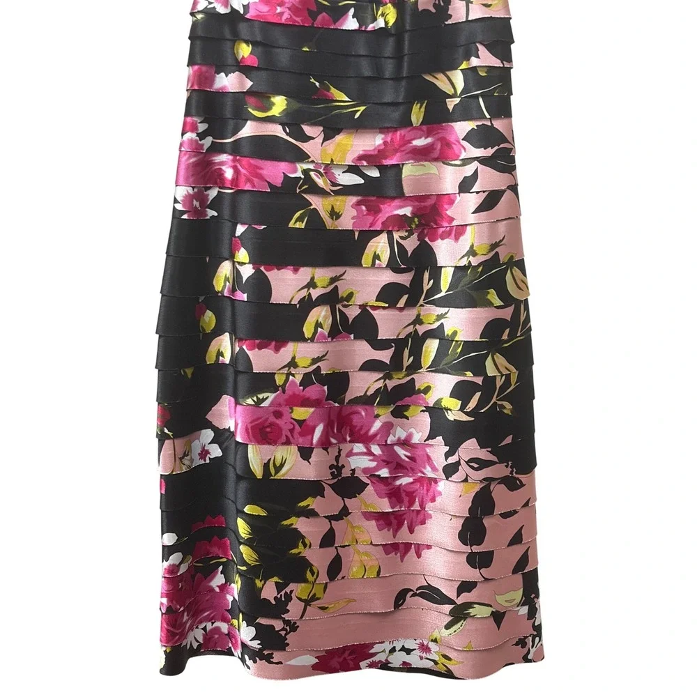 JS Collections Petite Floral Striped Halter Tiered Cocktail Dress Pink Black 4P